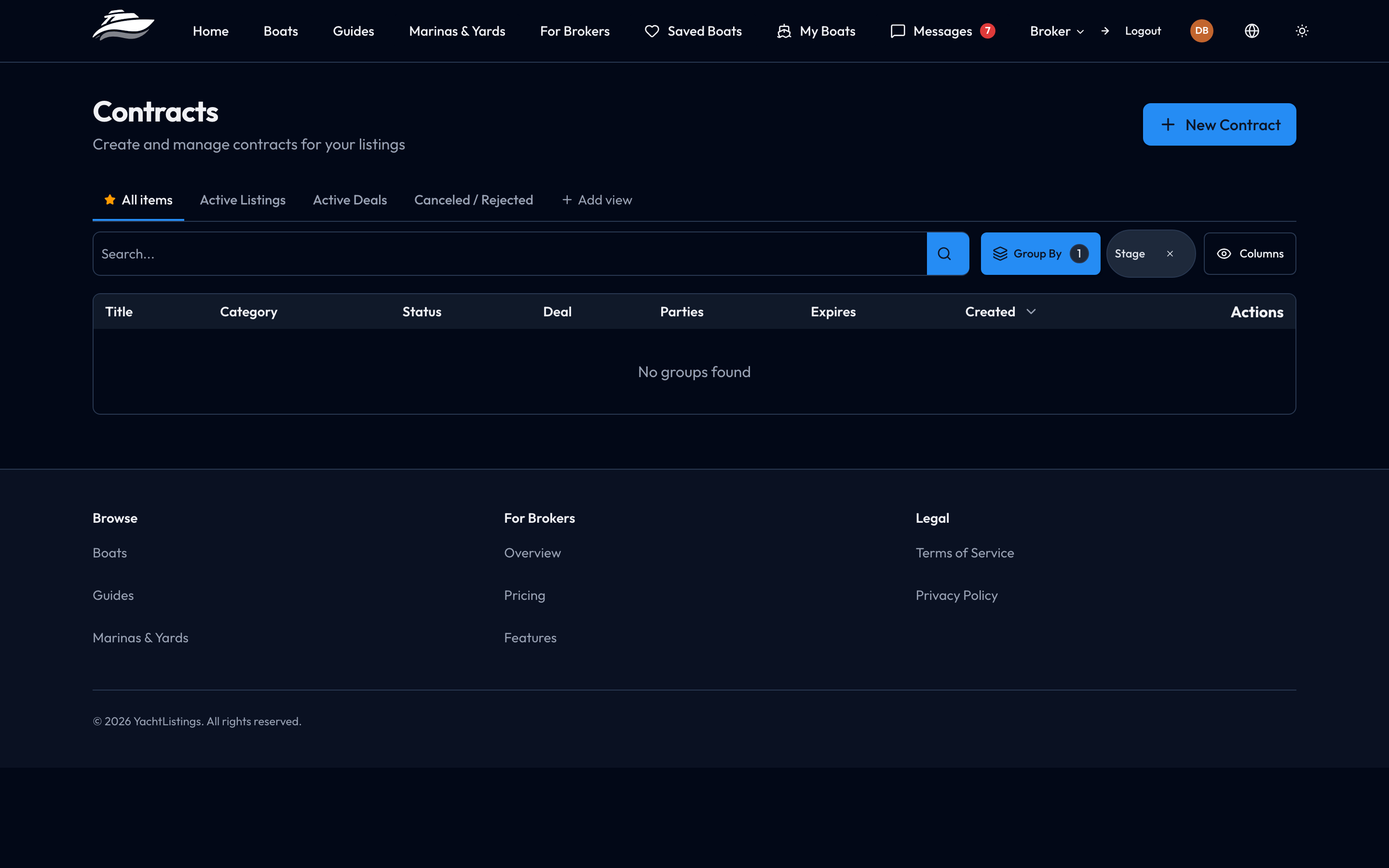 The contracts screen, listing documents and their signing status.