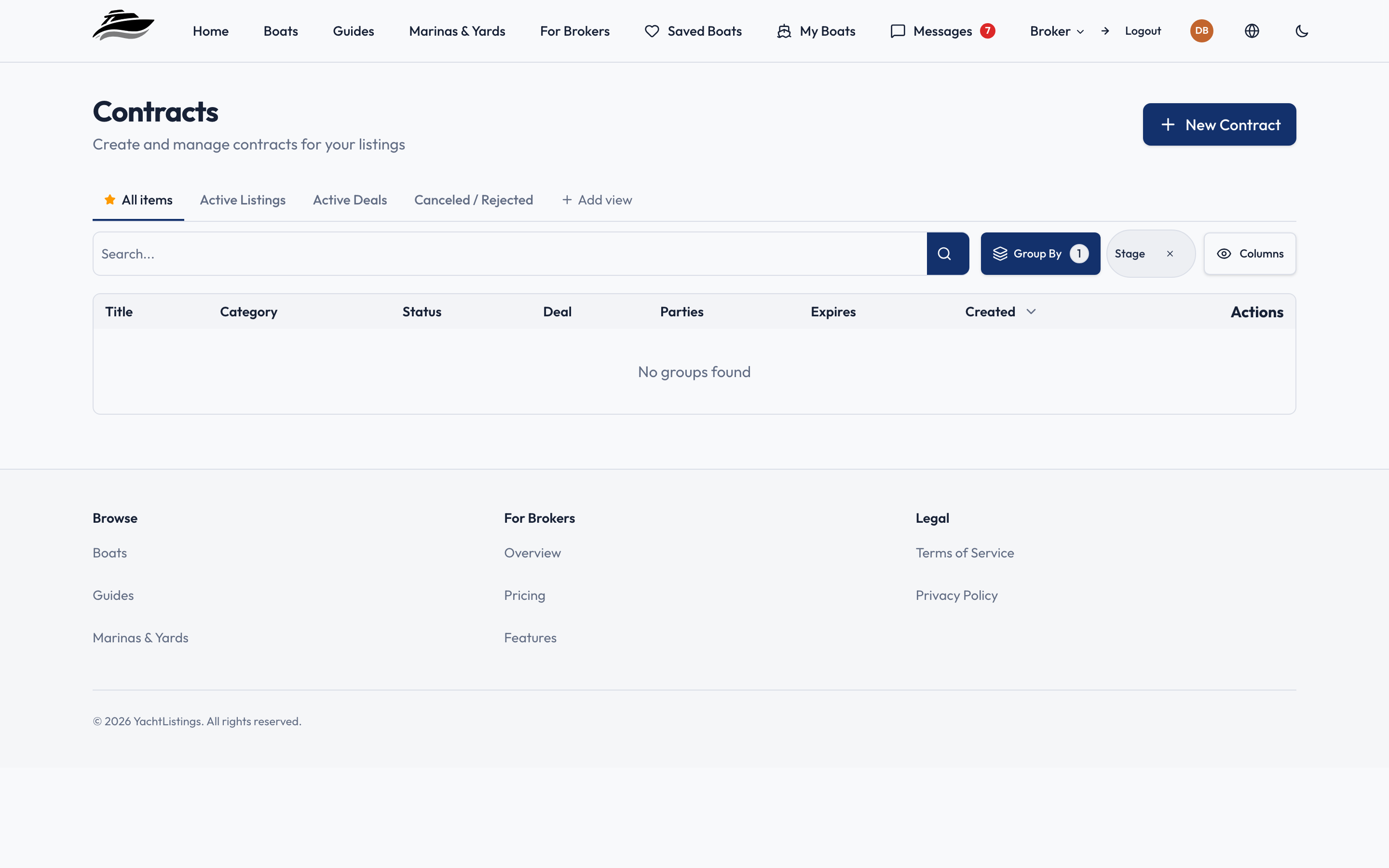 The contracts screen, listing documents and their signing status.