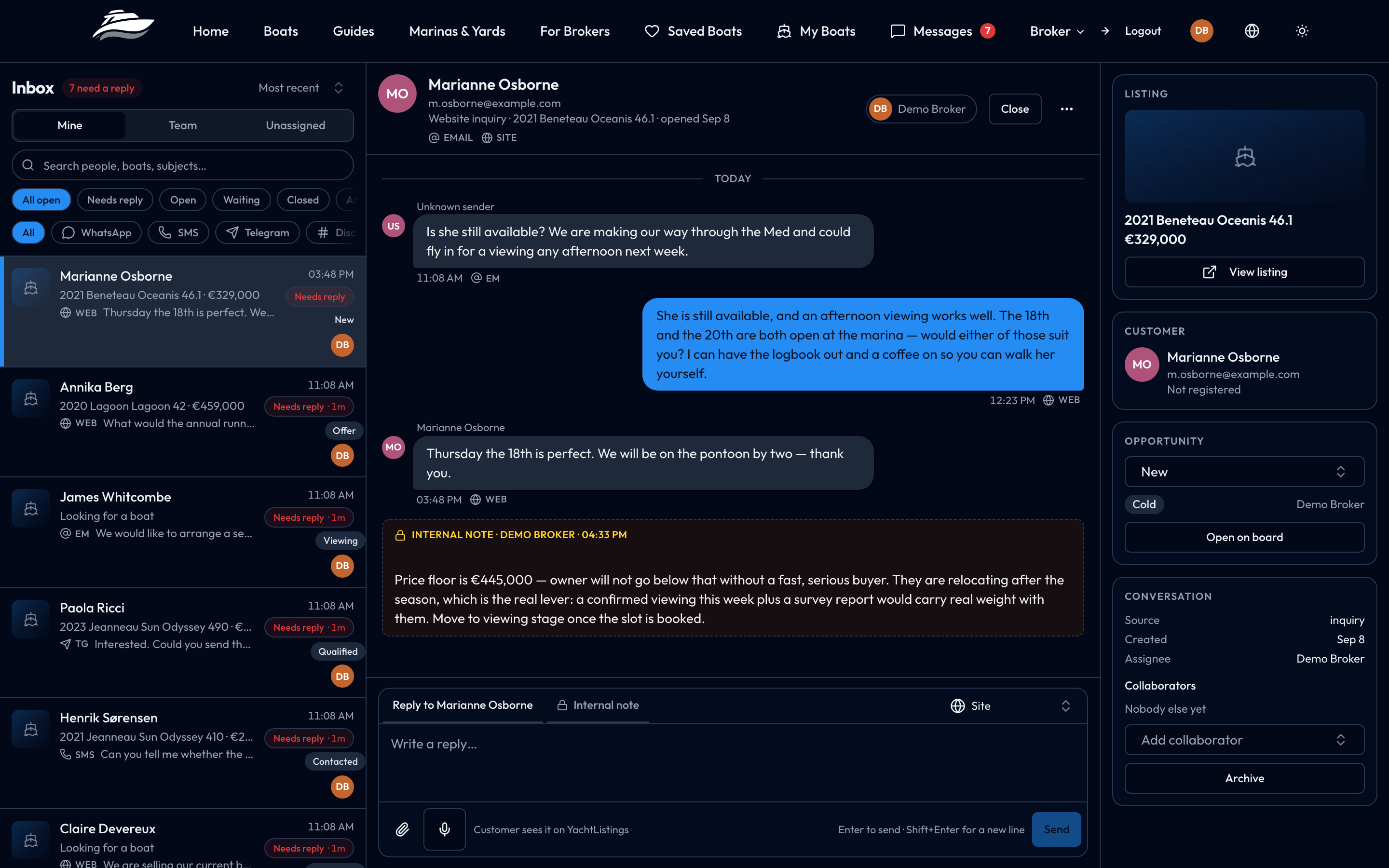 The broker inbox: one thread list carrying email, WhatsApp, SMS, Telegram and web enquiries side by side.