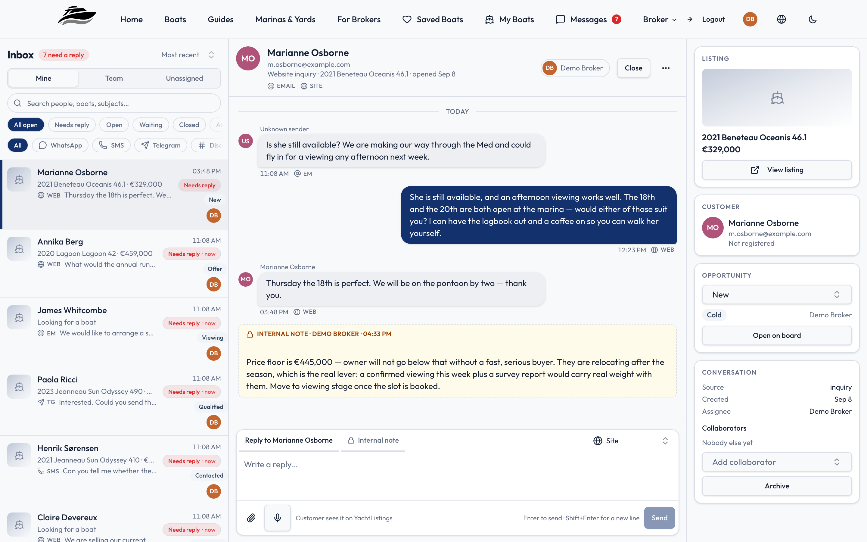 The broker inbox: one thread list carrying email, WhatsApp, SMS, Telegram and web enquiries side by side.