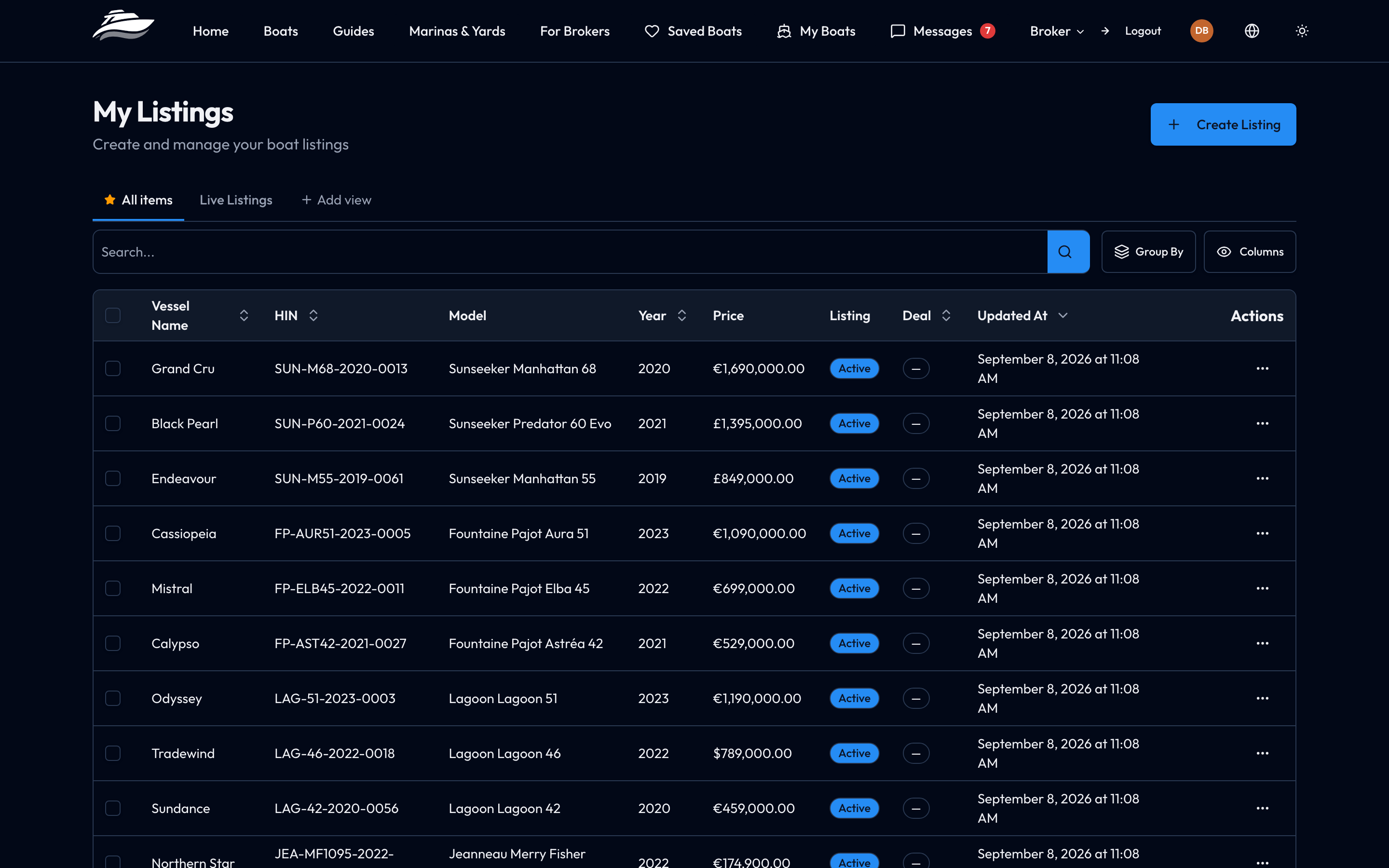 The listings screen, showing a brokerage's boats with their status and asking price.