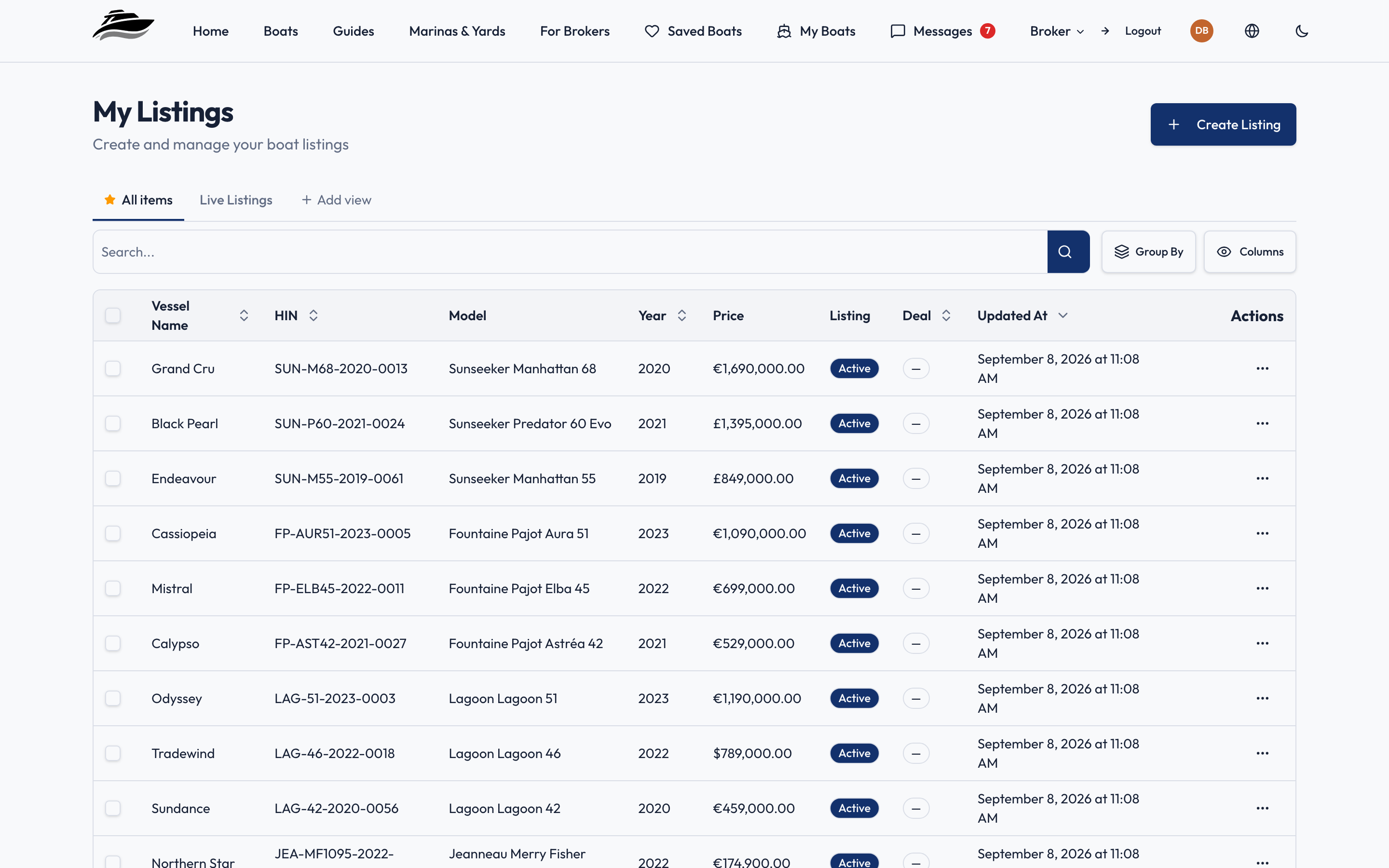 The listings screen, showing a brokerage's boats with their status and asking price.